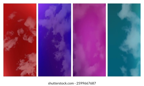 Set of modern gradient backgrounds with clouds. Bright abstract presentation backdrop. Vector illustration
