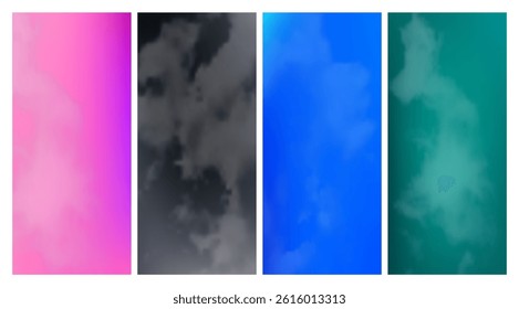 Set of modern gradient backgrounds with clouds. Bright abstract presentation backdrop. Vector illustration