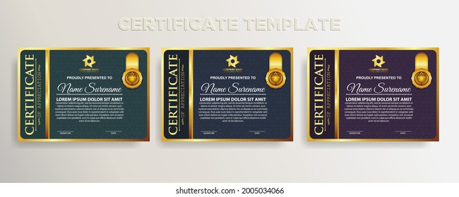 Set modern gradient color certificate template design. Certificate of Achievement with a gold badge. Vector Templates