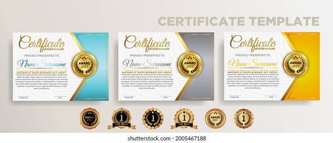 Set modern gradient color certificate template design. Certificate of Achievement with a gold badge. Vector Templates