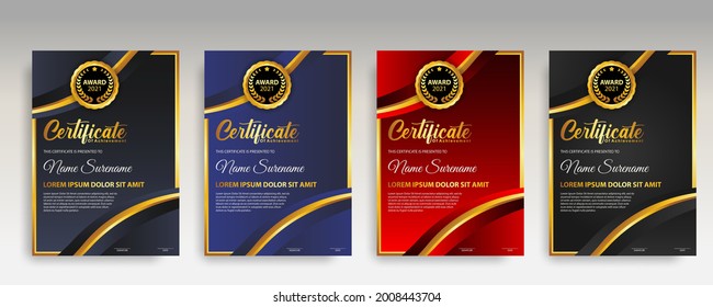 Establezca el diseño moderno de la plantilla de certificado de color de gradiente. Certificado de logro con insignia de oro. Plantillas de vectores