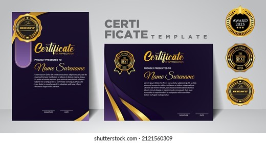 Establezca el diseño moderno de la plantilla de certificado de color de gradiente. Certificado de logro con insignia de oro. Plantillas de vectores