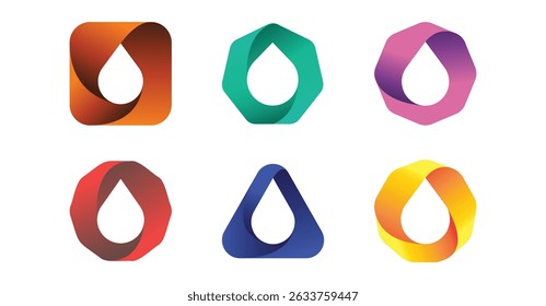 Set of modern gradient water drop icons with geometric ribbon shapes, abstract colorful logo design isolated on white background