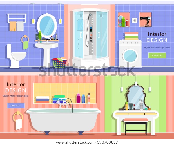 Set Modern Graphic Bathroom Interiors Bath Stock Vector (Royalty Free