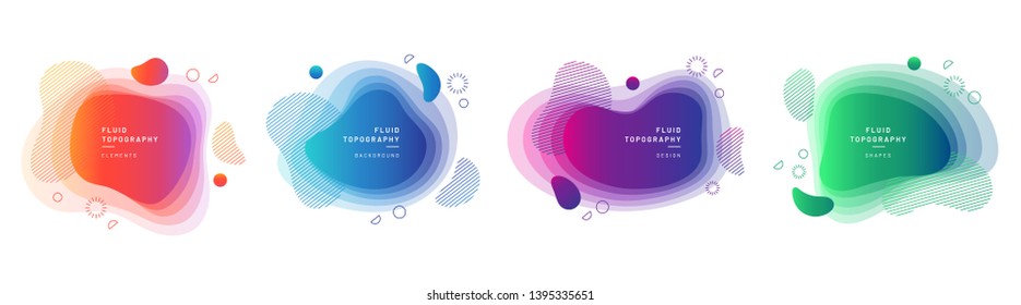 Set of modern graphic design elements in shape of fluid blobs. Isolated liquid stain topography. Gradient of blue and green, red and violet geometrical shapes.Blurry background for flyer, presentation