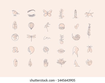 Set of modern graphic design elements in minimalism art line style drawing beige muffled tones.