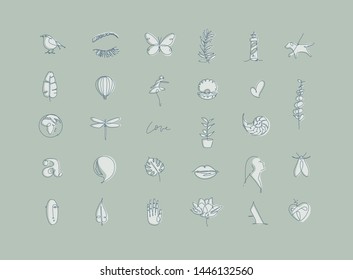 Set of modern graphic design elements in minimalism art line style drawing on green background