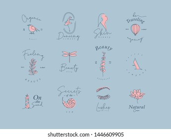 Set of modern graphic design elements with letering in minimalism art line style drawing on blue background