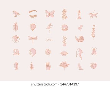 Set of modern graphic design elements in minimalism art line style drawing light tones.