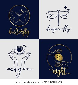 Set of modern graphic design symbols with letering in minimalism art line style.