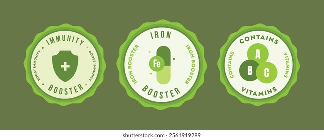 Set of Modern Green Badges or labels for Health Supplements: Immunity Booster, Iron Booster, and Vitamin Enriched Labels for Nutrition Products. Set of Labels or icons for supplements.