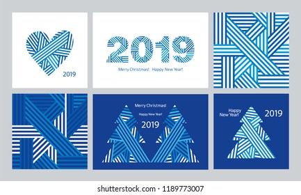 Set of modern Greeting cards and seamless patterns. Happy New Year 2019. Merry Christmas. Dark blue background. Vector.