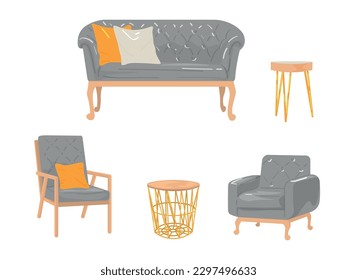 Set of modern grey furniture on white background