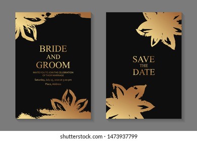 Set of modern grunge luxury wedding invitation design or card templates for business or poster or greeting with golden paint flowers on a black background.