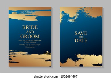 Set of modern grunge luxury wedding invitation design or card templates for business or poster or greeting with golden paint brush strokes on a navy blue background.