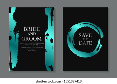 Set of modern grunge luxury wedding invitation design or card templates for business or poster or greeting with turquoise paintbrush strokes and silver text on a black background.