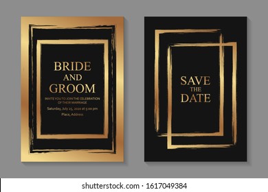 Set of modern grunge luxury wedding invitation design or card templates for business or poster or greeting with golden paint brush frames on a black background.
