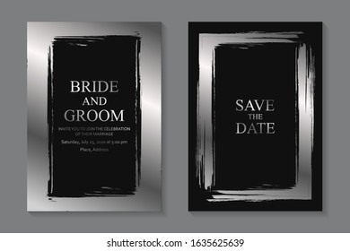 Set of modern grunge luxury wedding invitation design or card templates for business or poster or greeting with silver paint brush frames on a black background.