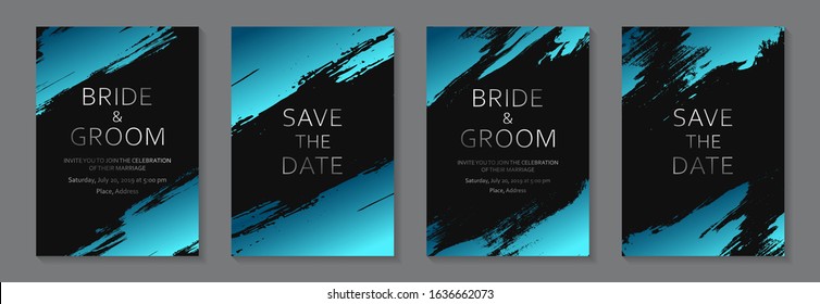 Set of modern grunge luxury wedding invitation design or card templates for business or poster or greeting with silver text and blue paint brush strokes on a black background.