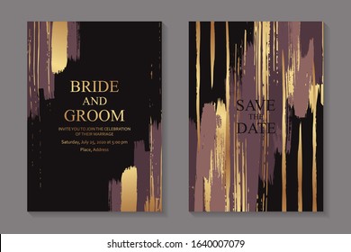 Set of modern grunge luxury wedding invitation design or card templates for business or poster or greeting with dark pink and golden paint brush strokes on a black background.