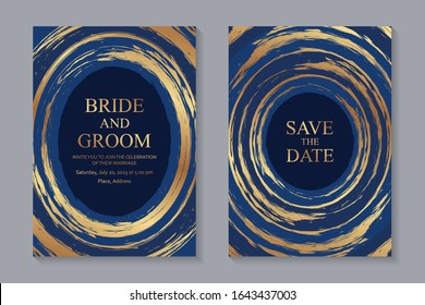 Set of modern grunge luxury wedding invitation design or card templates for business or poster or greeting with golden paint brush strokes on a navy blue background.