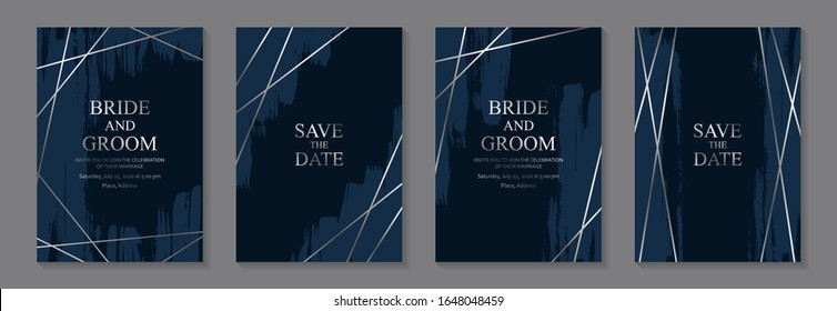 Set Of Modern Grunge Luxury Wedding Invitation Design Or Card Templates For Business Or Poster Or Greeting With Silver Lines And Blue Paint Brush Strokes On A Navy Background.