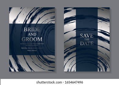 Set of modern grunge luxury wedding invitation design or card templates for business or poster or greeting with silver rounded paint brush strokes on a navy blue background.