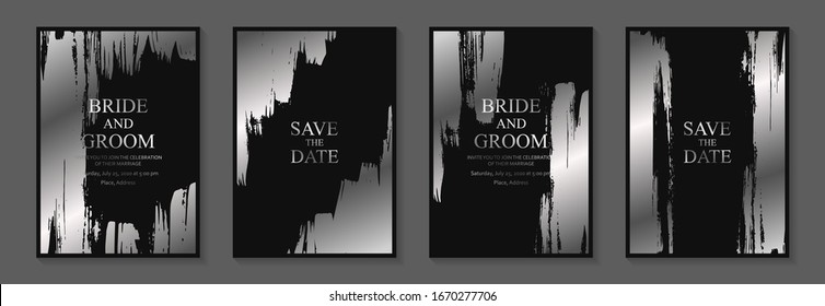 Set of modern grunge luxury wedding invitation design or card templates for business or poster or greeting with silver paint brush strokes on a black background.