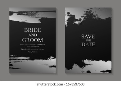 Set of modern grunge luxury wedding invitation design or card templates for business or poster or greeting with silver paint brush strokes on a black background.
