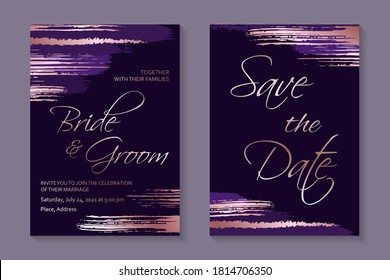 Set of modern grunge luxury wedding invitation design or card templates for business or poster or greeting with rose golden paint brush strokes on a purple background.