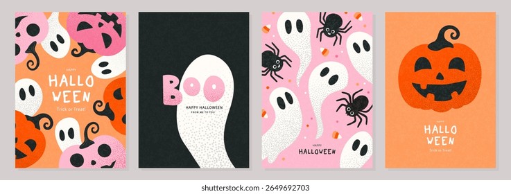 Set of modern Halloween greeting cards including jack o lanterns, spiders and ghosts for spooky autumn holiday party, vector illustration.