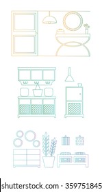 Set of modern hallway interiors with bench, pillow, basket, bag, lamp, cap, nightstand, wardrobe and commode. Hallway interior with furniture. Vector illustration in linear style with place for text