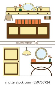 Set of modern hallway interiors with bench, pillow,mirror, bag, lamp, cap, nightstand and commode. Hallway interior with furniture. Hall inside the house. Vector illustration in linear style 
