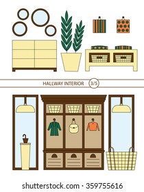 Set of modern hallway interiors with bench, pillow, basket, bag, lamp, nightstand and commode. Hallway interior with furniture. Hall inside the house. Vector illustration in linear style 