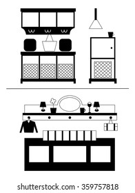 Set of modern hallway interiors with bench, pillow, basket, bag, lamp, cap, mirror and commode. Hallway interior with furniture. Hall inside the house. Vector illustration in linear style 