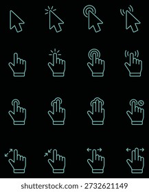 Set of modern hand cursor icons in neon green on black background