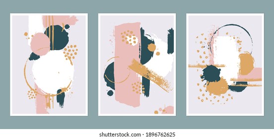 Conjunto de diseños modernos de afiches abstractos dibujados a mano. Ilustración vectorial. Fondos de arte creativo con trazos, formas y manchas de pincel.