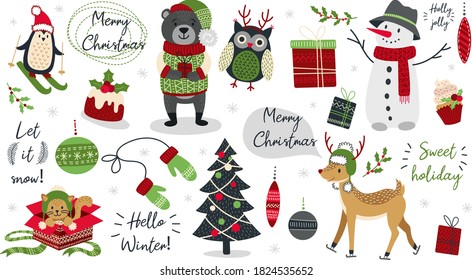 Set of modern hand drawn christmas animals and other isolated elements. Vector illustration.