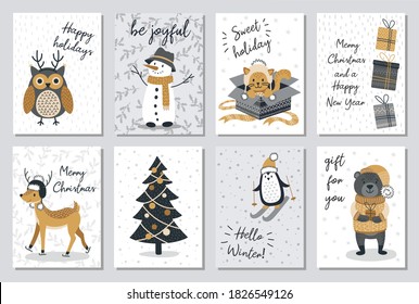 Set of modern hand drawn christmas gretting cards animals and other isolated elements. Vector illustration.