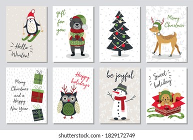 Set of modern hand drawn christmas gretting cards animals and other isolated elements. Vector illustration.