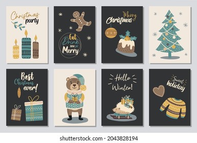 Set of modern hand drawn christmas gretting cards animals and other isolated elements. Vector illustration.
