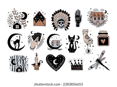 Set of modern hand drawn mystical witch logos, halloween stickers, skull, cat, tarot fortune teller. Vector vintage illustration, collection of icons isolated on white background.