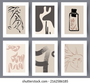 Conjunto de modernos adornos de paredes de arte imprimible con dibujos a mano para el diseño de interiores. Colección de afiches o banners abstractos de obras de arte simples para imprimir. Ilustración vectorial. 