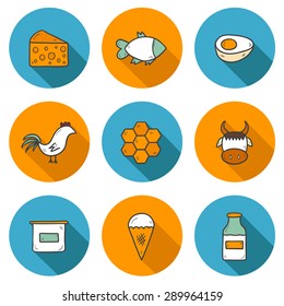 Set of modern hand drawn shadow icons with products containing animal protein and prohibited for vegans: milk, cheese, egg, yogurt, fish, ice cream, red meat, honey, poultry meat.