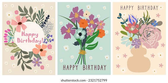 Set of Modern Happy birthday greeting cards with beautiful hand drawn blossom flowers. Party invitation with floral elements. Colorful vector art illustrations template collection.