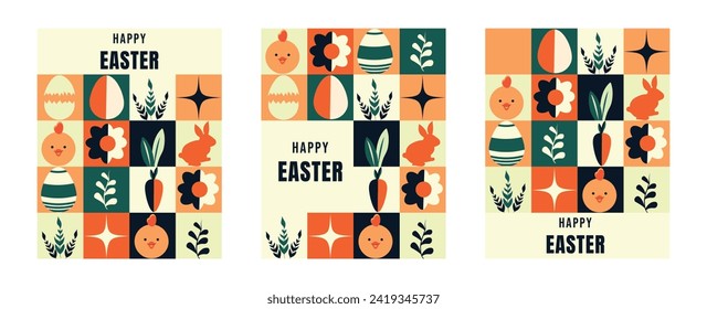 Set of Modern Happy Easter Banners. Geometric shapes, forms, rectangle, triangle, circles. Modern trendy minimalist Bauhaus style. Abstract design. Brutalism and y2k style.