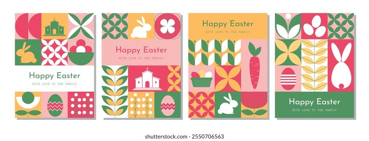 Set of modern Happy Easter banners with geometric shapes in abstract, trendy minimalist style. Perfect for holiday decor and design.