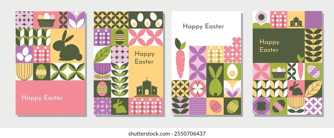 Set of Modern Happy Easter mosaic Banners with geometric shapes. . Abstract Modern trendy minimalist style. Vector illustration