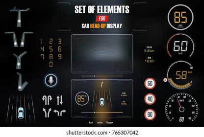 Set of modern head up display and elements for it. HUD interface. Vector Illustration.