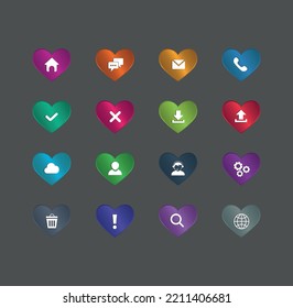 Hermoso conjunto de diseño de iconos de botones Ui con forma de corazón elegante.Conjunto de botones modernos y coloridos de formas de corazón para la web y conjunto de 16 botones ui.Icono de signo de botón web aislado ilustración vectorial.